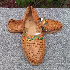 Calzado Lupita Sanchez Huaraches-- Brown Yellow Blue and Green Leather Hand Made